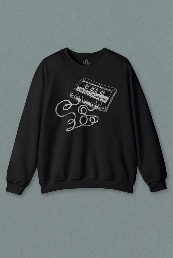 Unisex Siyah Sweatshirt Pink Floyd Un Dediği Gibi Kaset Kalem Nostalji Baskılı Sweat - Image 1