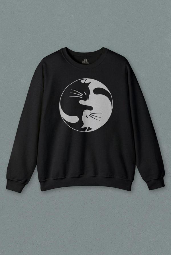 Unisex Siyah Sweatshirt Ying Yang Black Hipster Cat Kara Kedi Baskılı Sweat - Image 1