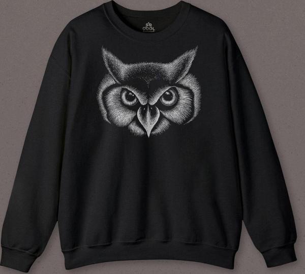 Çizgisel Baykuş Kafası Silüeti Owl Baskılı Sweatshirt - Image 1