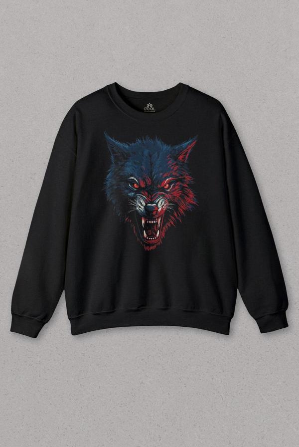 Unisex Sweatshirt Bordo Mavi Kurt Wolf Red Blue Siyah Baskılı Sweat - Image 1