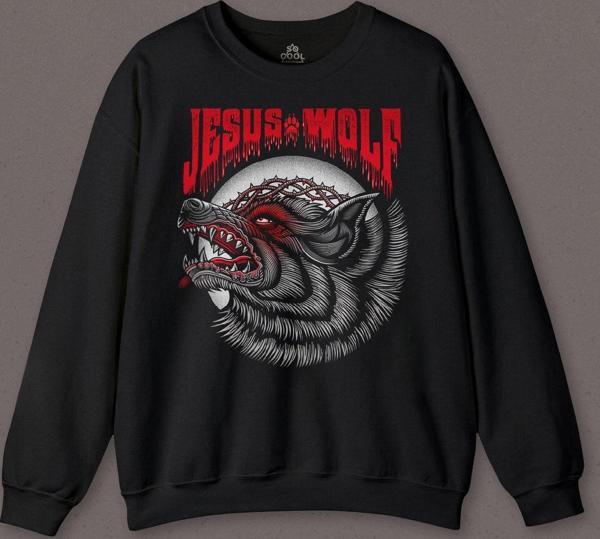Jesus Wolf Kurt Kafası Kırmızı Baskılı Sweatshirt - Image 1