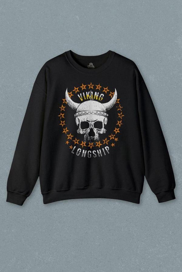 Viking Skull With Circle Of Stars Longship Kuru Kafa Baskılı Sweatshirt - Image 1