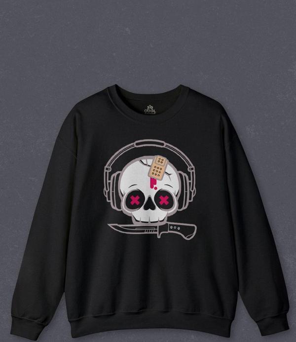 Unisex Sweatshirt Müzik Dinleyen Kuru Kafa Kulaklık Bıçak Yara Bandı Skull Baskılı Sweat - Image 1