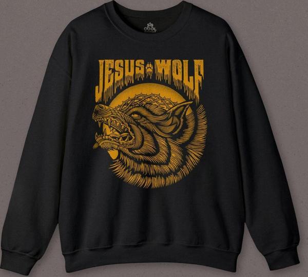 Jesus Wolf Kurt Kafası hardal Baskılı Sweatshirt - Image 1