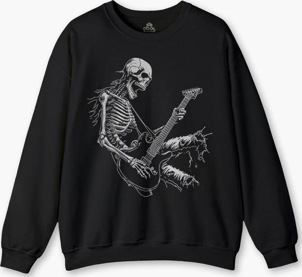 Siyah Sweatshirt Skeleton Playing Guitar Heavy Metal Skull İskelet Gitar Rock Siyah Baskılı Sweat - Image 1