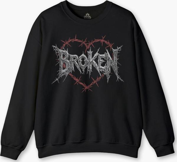 Bisiklet Yaka Sweatshirt Broken Hearts Gothic Y2K Yazı Baskılı Siyah Sweat - Image 1