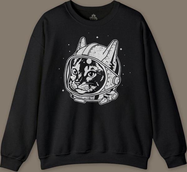 Siyah Unisex Kedi Kozmonot Meow Astronot Cat NASA Uzay Baskılı Sweatshirt - Image 1