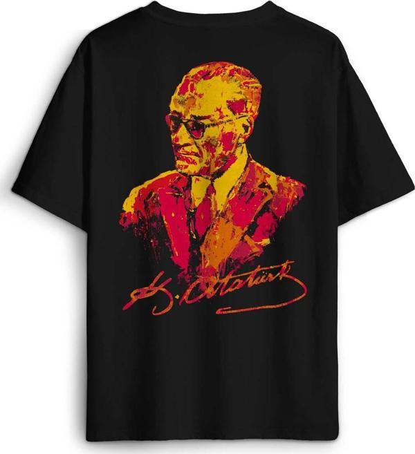 Siyah Oversize T-shirt  Atatürk Sarı Kırmızı Sırt Ön Baskılı Tişört Unisex  - Image 1