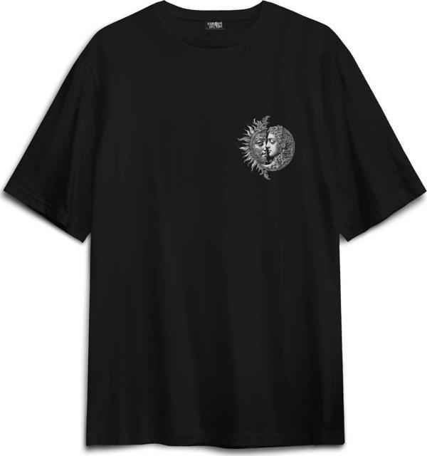 Celestal Balance Sun And Moon Güneş Ve Ay Astroloji Ying Yang Baskılı Oversize T-shirt Siyah Tişört - Image 1