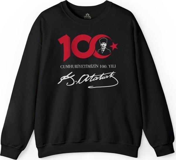 Unisex Siyah Sweatshirt Atatürk ve Cumhuriyetimizin 100. Yılı Özel Tasarım Baskılı Sweatshirt - Image 1