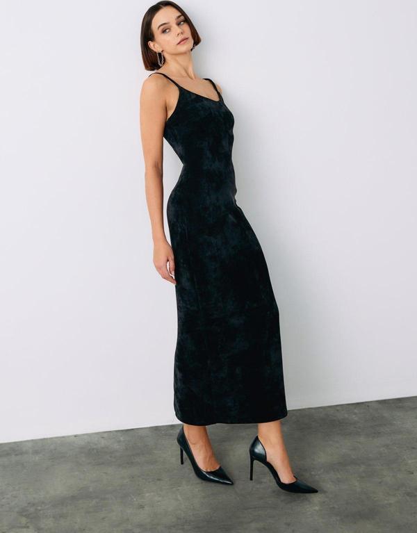 Askılı Kadife Midi Elbise - Siyah - Image 1