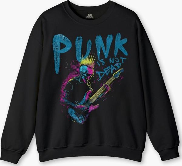 Punk Is Not Dead Guitar Mohawk Rock Music Gitar Skeleton Baskılı Siyah Sweat - Image 1