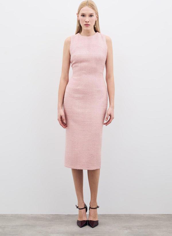Kolsuz Uzun Tüvit Elbise - Pudra - Image 1
