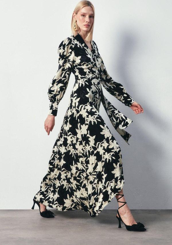 Çiçek Desenli Uzun Elbise - Siyah - Image 1