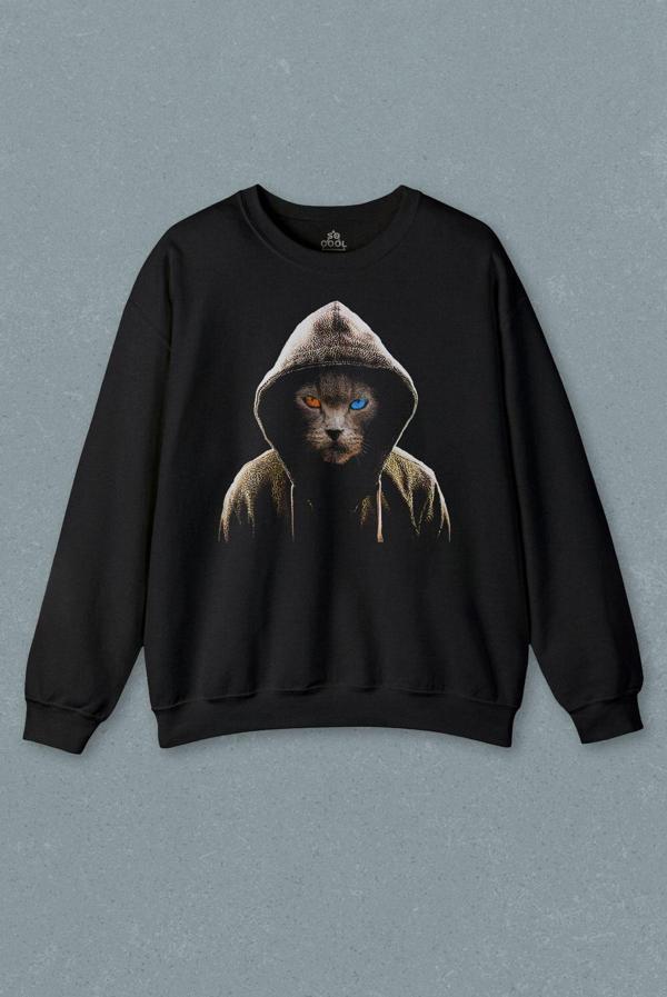 Renkli Gözlü Hacker Korsan Kedi Cat Baskılı Sweatshirt - Image 1