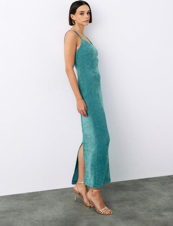 Askılı Kadife Midi Elbise - Mint - Image 1