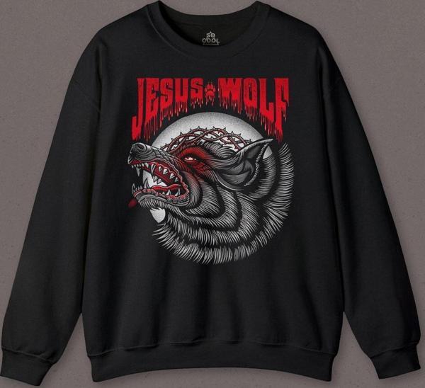 Jesus Wolf Kurt Kafası Kırmızı Baskılı Sweatshirt - Image 1