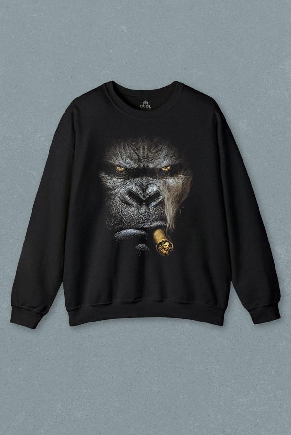 Puro İçen Şempanze Monkey Goril Maymun Baskılı Sweatshirt - Image 1