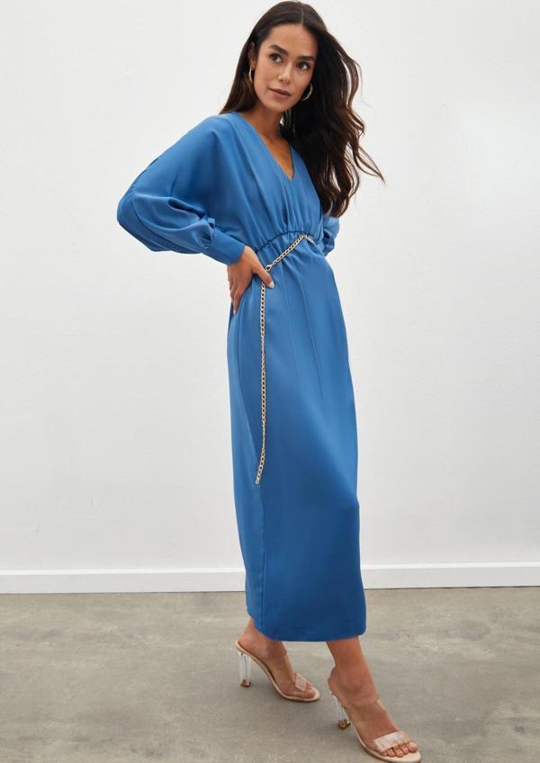 Zincir Kemerli Saten Elbise - İndigo - Image 1