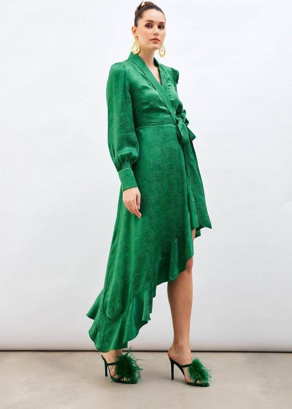 Jakarlı Asimetrik Elbise - Yeşil - Image 1