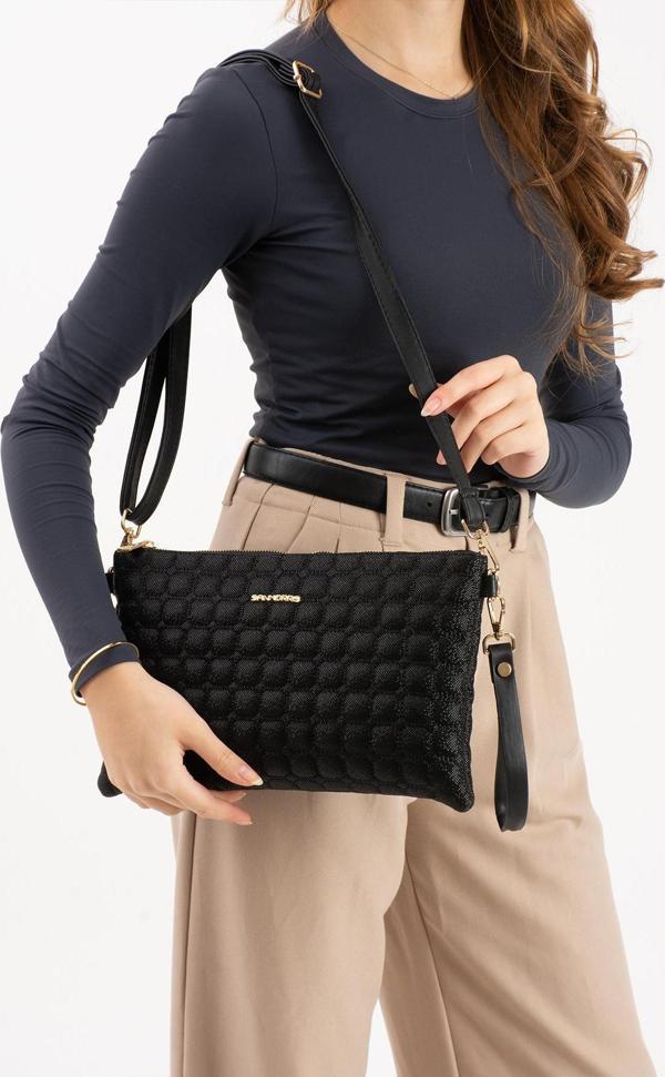 Sanmorris Kadın Suni Deri Siyah Mozaik Desen Ayarlanabilir Çapraz Ve El Askılı Portföy, Clutch Çanta - Image 1