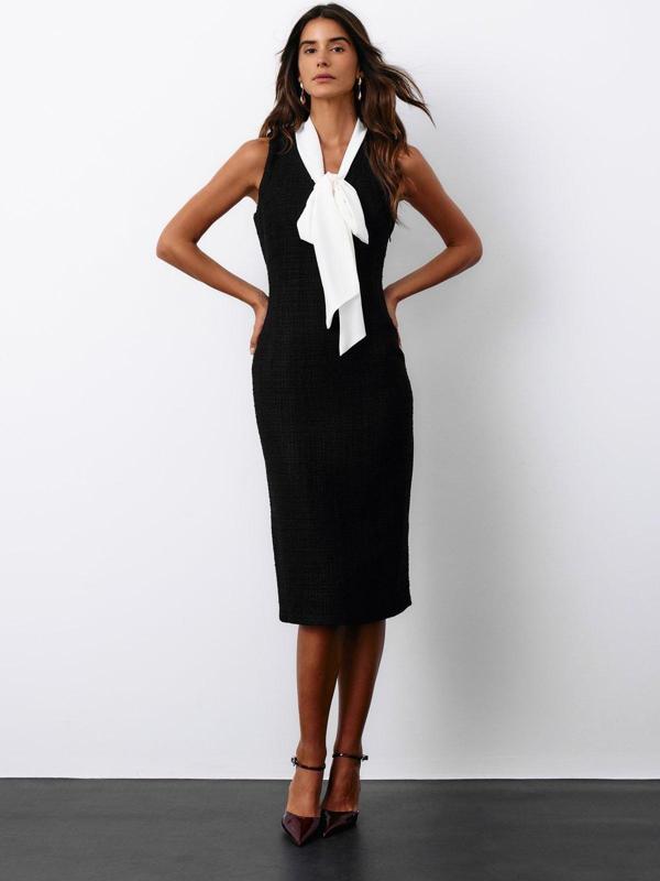 Fularlı Kolsuz Tüvit Elbise - Siyah - Image 1