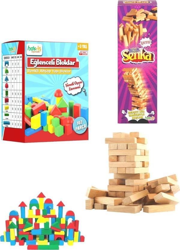 Hak-İş Oyuncak Eğlenceli Bloklar Renkli Ahşap Bloklar + Büyük Senka Ahşap Kule Oyunu - Image 1