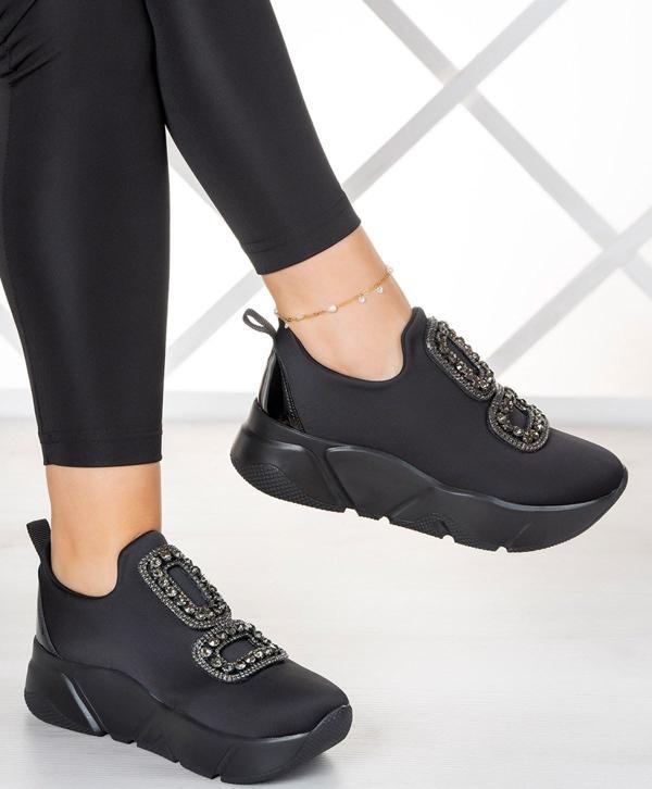 Almendra Siyah Streç Taşlı Sneaker - Image 1