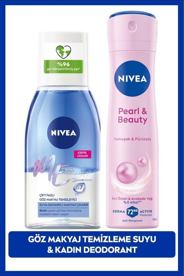 NIVEA Çift Fazlı Göz Makyaj Temizleme Suyu 125ml ve Kadın Sprey Deodorant Pearl&Beauty 150ml, 72 Saat Anti-perspirant Koruma - Image 1