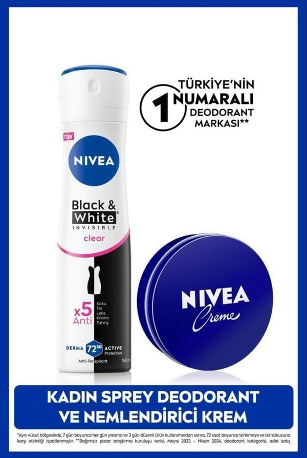 Creme Nemlendirici 30ml ve Kadın Sprey Deodorant Black&White Invisible Clear 150ml, Anti-perspirant - Image 1