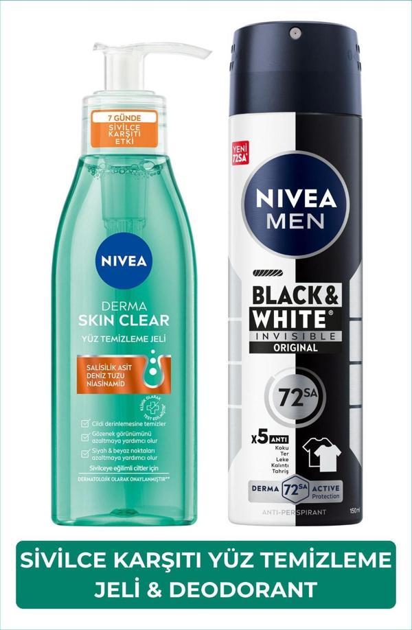 Derma Skin Clear Sivilce Karşıtı Yüz Temizleme Jeli 150ml ve Erkek Sprey Deodorant Black&White 150ml - Image 1