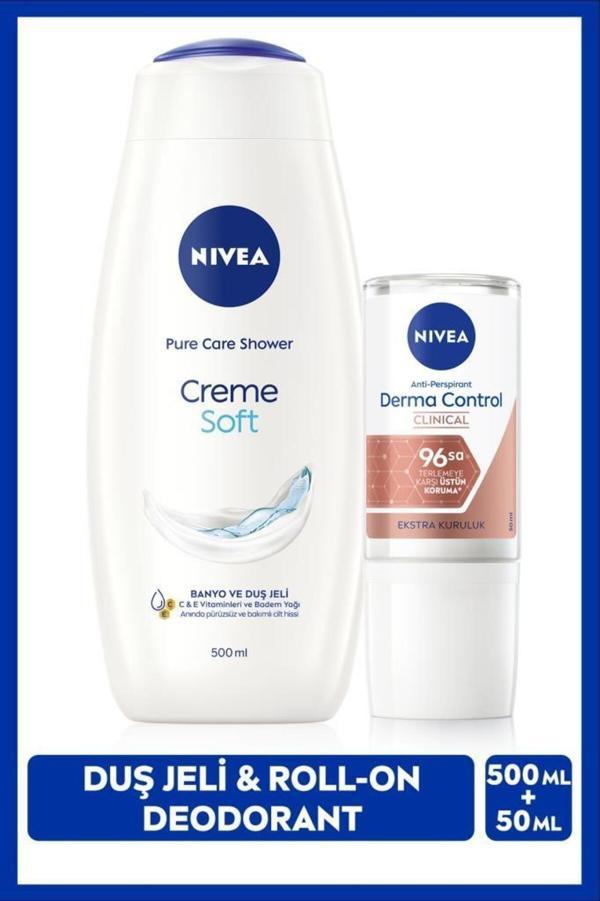 Kadın Creme Soft Duş Jeli 500ml Ve Roll-on Deodorant Derma Control Clinical 50ml, 96 Saat Ter Koruma - Image 1