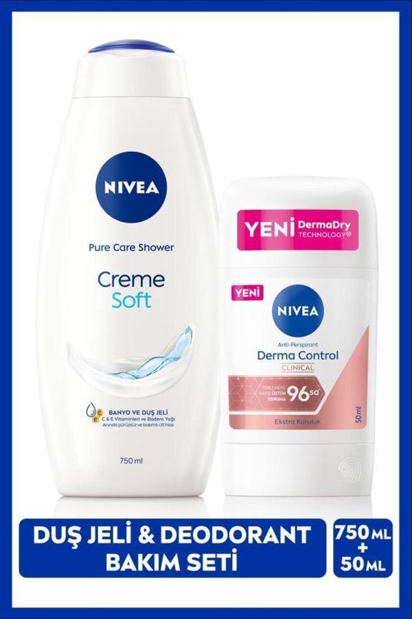 Kadın Creme Soft Duş Jeli 750ml Ve Stick Deodorant Derma Control Clinical 50ml, 96 Saat Ter Koruması - Image 1