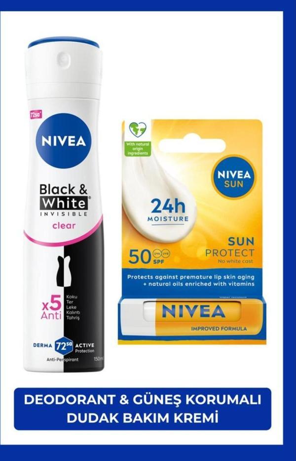 Kadın Sprey Deodorant Black&white Invisible Clear 150ml Ve Yüksek Güneş Korumalı Dudak Bakım Kremi - Image 1