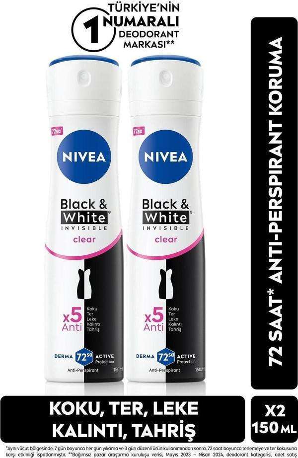 Kadın Sprey Deodorant Black&White Invisible Clear 150ml, 72 Saat Anti-perspirant Ter Koruma, X2 Adet - Image 1