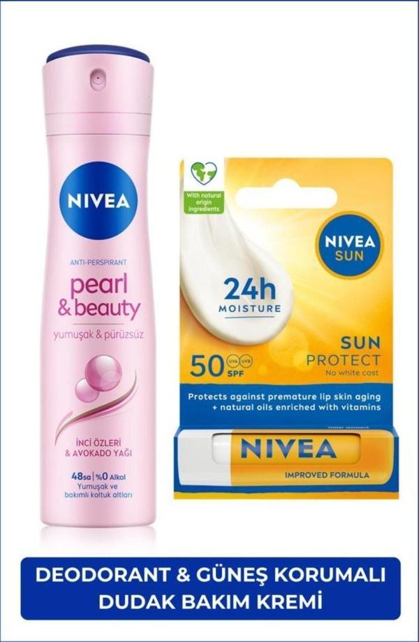 Kadın Sprey Deodorant Pearl&Beauty 150ml ve Yüksek Güneş Korumalı Dudak Bakım Kremi, SPF50 - Image 1