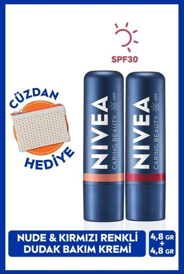 Kırmızı Renkli Dudak Bakım Kremi Ve Nude Dudak Bakım Kremi 4,8gr, Spf30, Nemlendirici, Cüzdan Hediye - Image 1