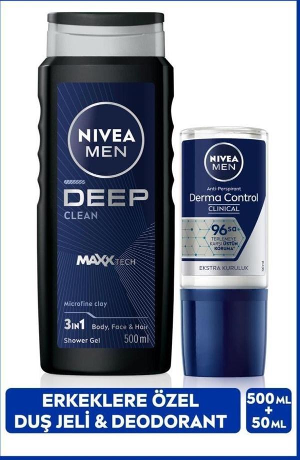 Men Erkek Duş Jeli Deep Dimension 500ml Ve Rollon Deodorant Derma Control Clinical50ml,sünger Hediye - Image 1