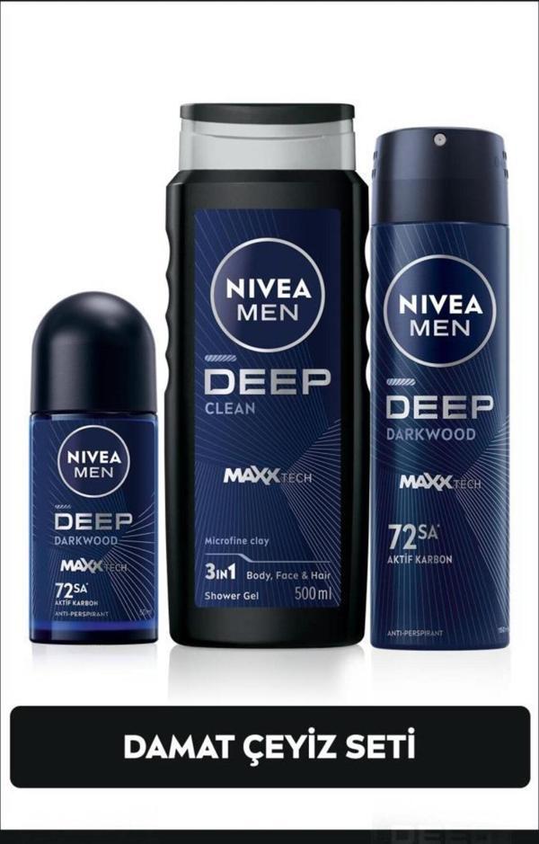 Men Erkek Damat Çeyiz Bohça Seti Deep Dimension, Duş Jeli 500ml, Sprey Deodorant 150ml, Roll-on 50ml - Image 1