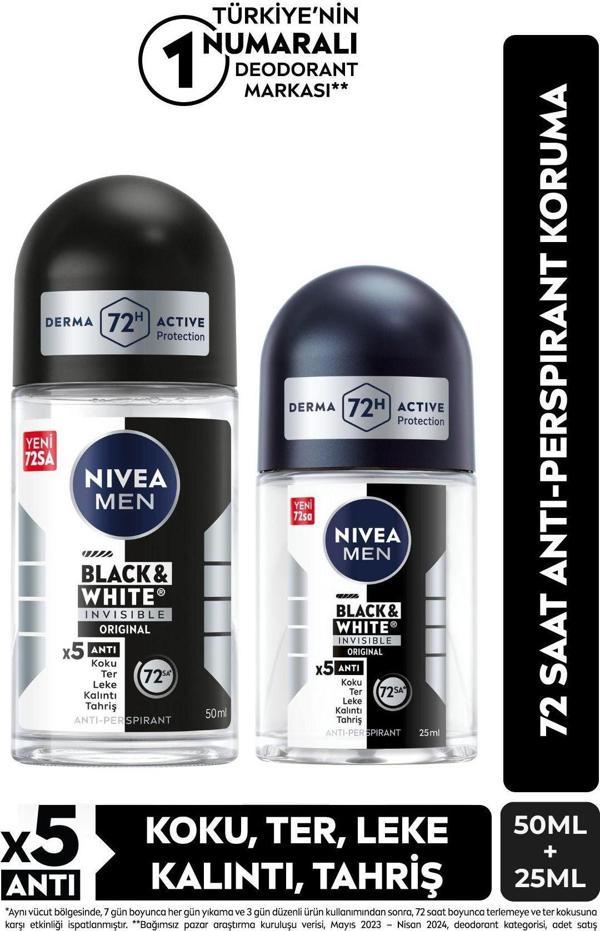 MEN Erkek Roll-on Deodorant Black&White Invisible Original 50ml Ve Mini Roll-on 25ml, 72 Saat Koruma - Image 1