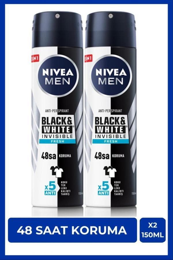 Men Erkek Sprey Deodorant Black&white Invisible Fresh 150ml, 48 Saat Anti-perspirant Koruma, X2 Adet - Image 1