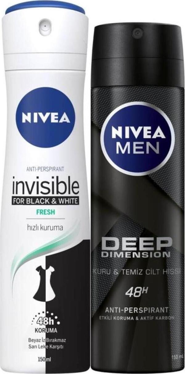 Men Erkek Sprey Deodorant Deep Dimension 150ml Ve Kadın Sprey Deodorant Black&white Fresh 150ml - Image 1