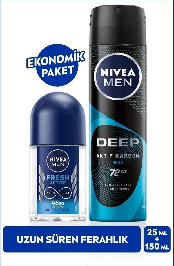MEN Erkek Sprey Deodorant Deep Aktif Karbon 150ml ve Fresh Active Mini Roll-on 25ml, Anti-perspirant - Image 1