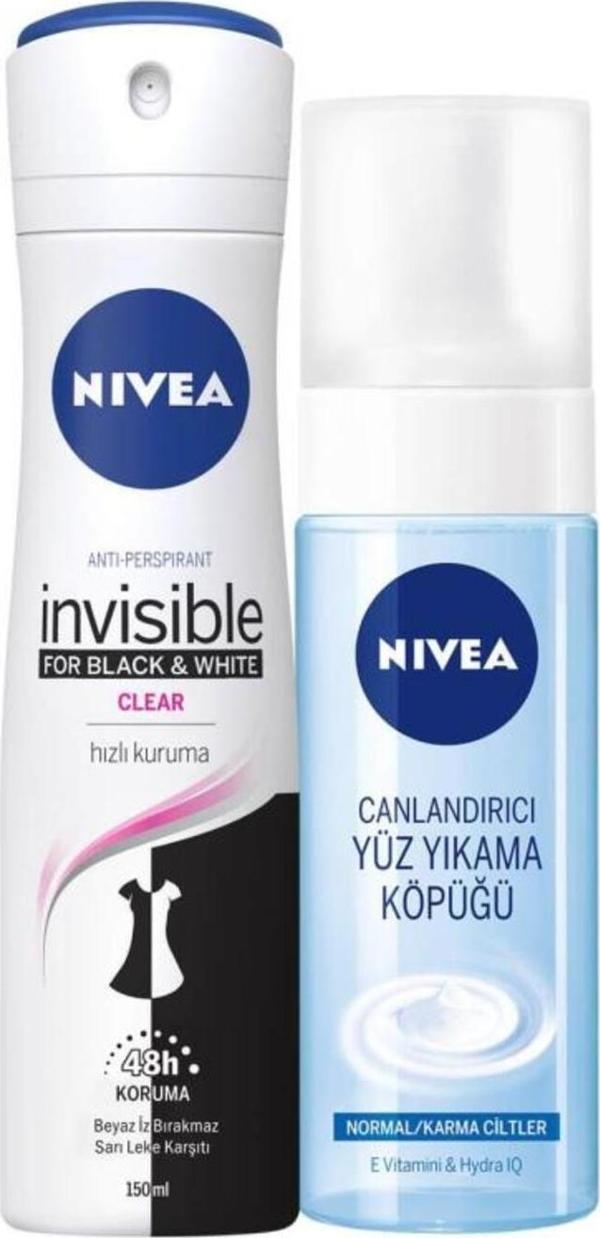 Kadın Sprey Deodorant Black & White Invisible Clear 150ml ve Canlandırıcı Yüz Yıkama Köpüğü 150ml - Image 1