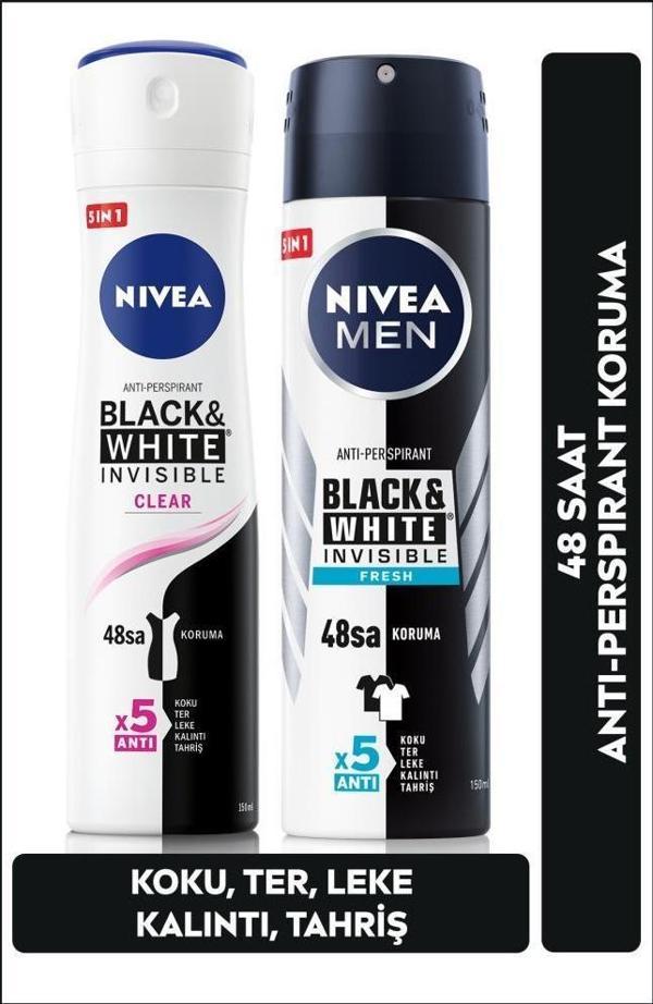Nıvea Kadın Sprey Deodorant Black&White Invisible Clear 150Ml Ve Nıvea Men Erkek Sprey Deodorant Black&White Invisible F - Image 1