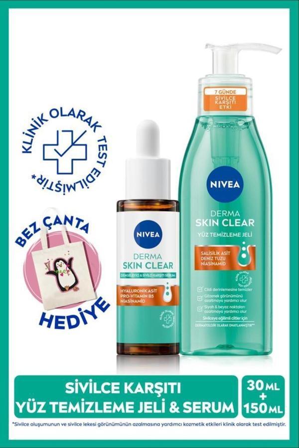 Karşıtı Derma Skin Clear Yüz Temizleme Jeli 150ml Ve Dengeleyici Serum 30ml,bez Çanta Hediye - Image 1
