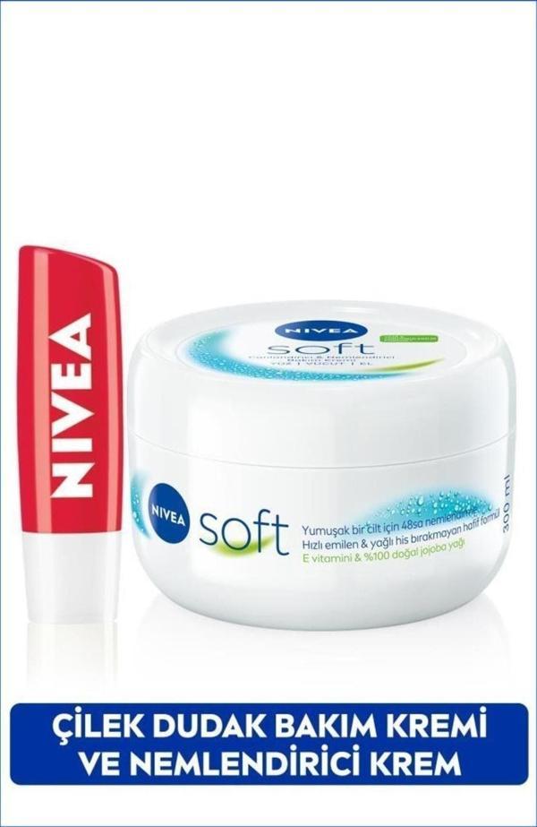 Soft Krem 300ml ve Çilek Nemlendirici Dudak Bakım Kremi 4.8gr, Hafif Kırmızı Işıltı, Doğal Yağlar - Image 1
