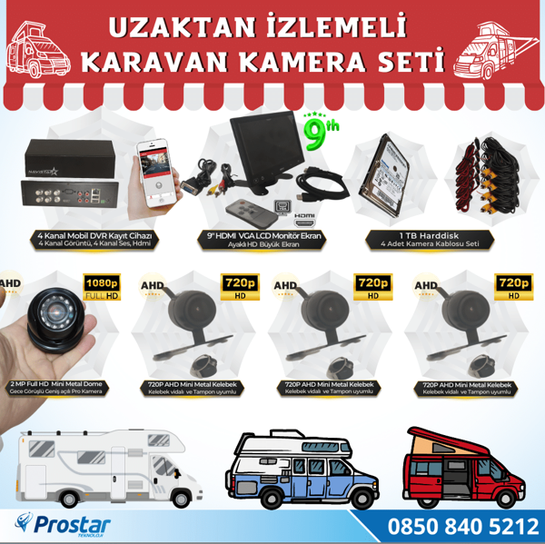 Karavan 1 Tb Harddiskli 9 Inç Hdmi Monitörlü 4 Kameralı Uzaktan İzlemeli Kayıtlı Kamera Seti - Image 1