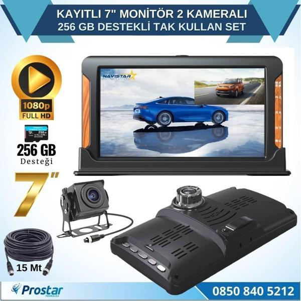 Kayıtlı 7 inç Monitör 2 Kameralı Dashcam 256 GB Destekli 15 Metre Kablolu Pratik Set - Image 1