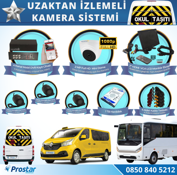 Okul Servis Kamera Sistemi Seti Uzaktan Izlemeli 4 Kameralı 7&quot; Hdmi Monitör 1 Tb Harddisk Dahil - Image 1